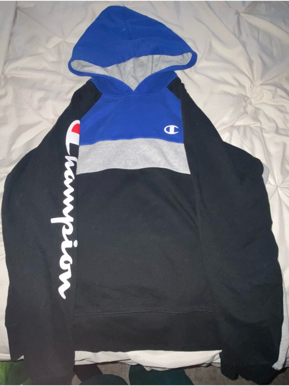 Champion Blue, Gray & Black Paneled Hoodie with Script Sleeve